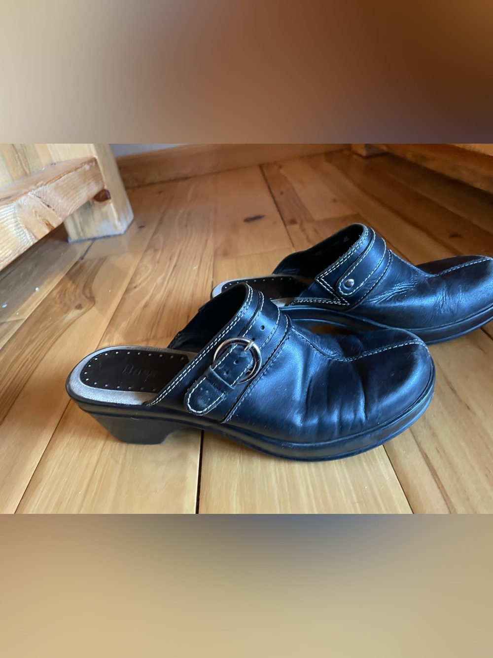 Bass Black Leather Slip-On Clogs with Buckle Strap